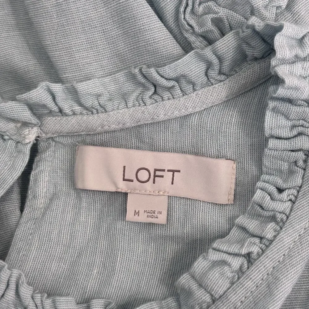 LOFT Ruffle Blouse Medium Baby Blue Linen Puff Feminine‎ Cottage Coquette Dainty